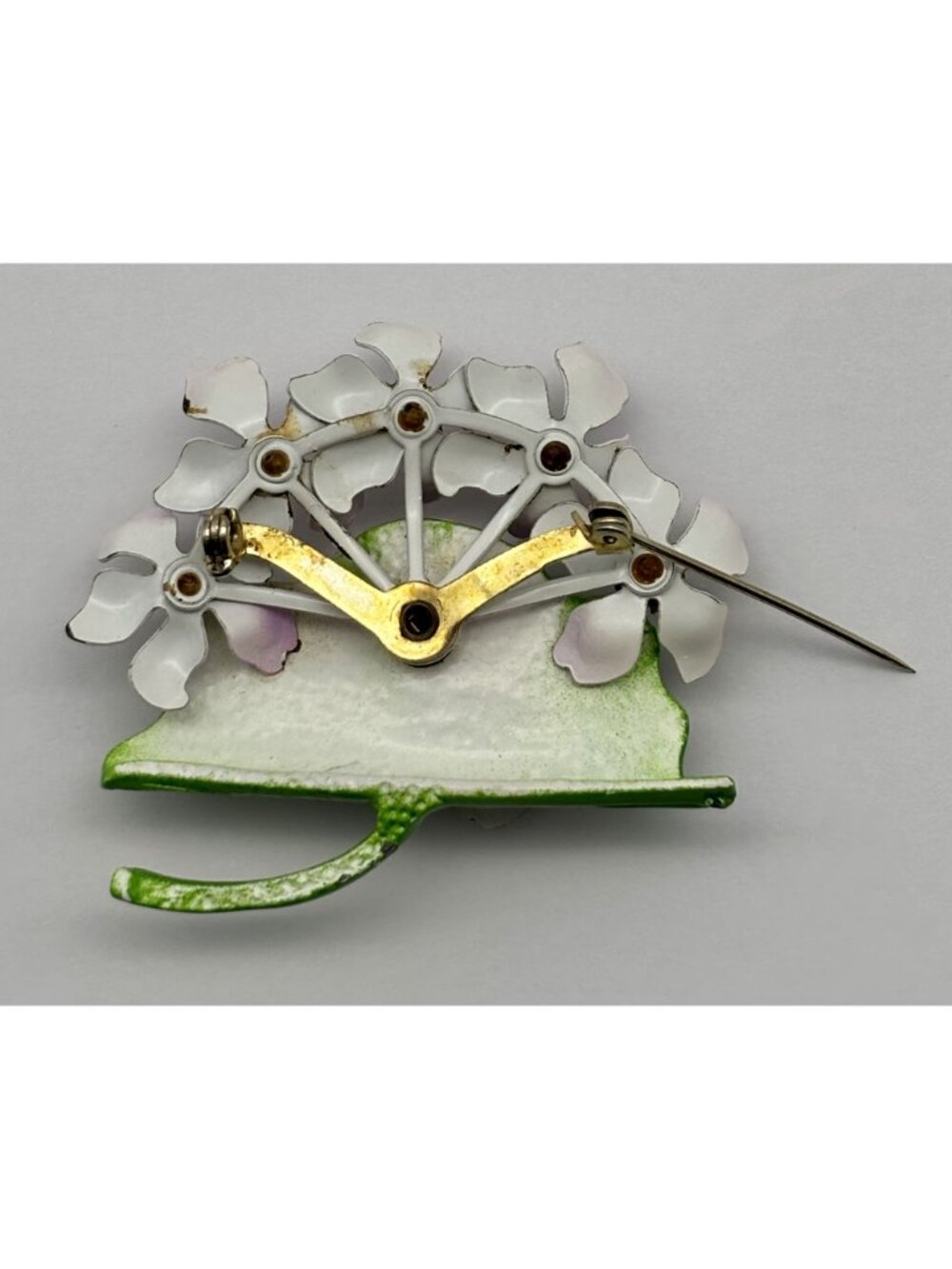 Vintage Enamel Flower Brooch And Clip-On Earrings Dimensional Flowers Pink Green - Picture 16 of 16